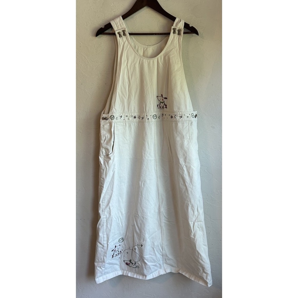 Vintage CJ Banks Overall Maxi Dress L Embroidered Novelty Jumper Denim Dog